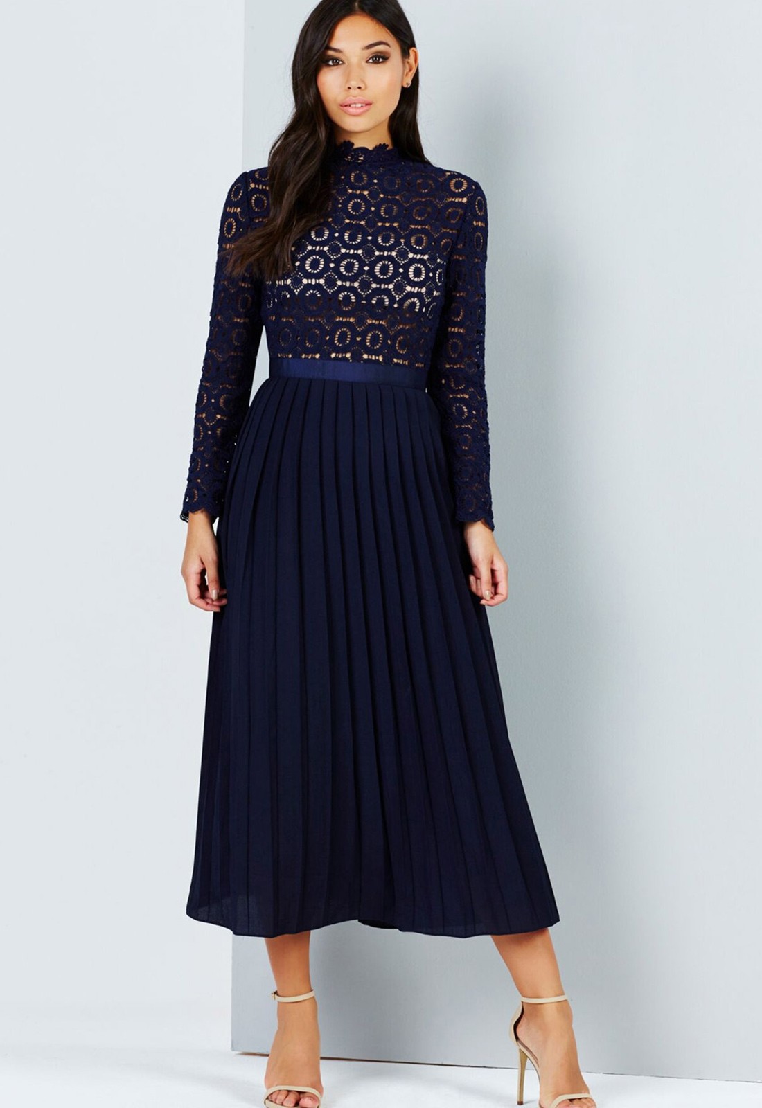 Navy Crochet Lace Midi Dress With Pleated Skirt - Elsieu0026#39;s ... Navy Crochet Lace Midi Dress With Pleated Skirt - Elsieu0026#39;s ...