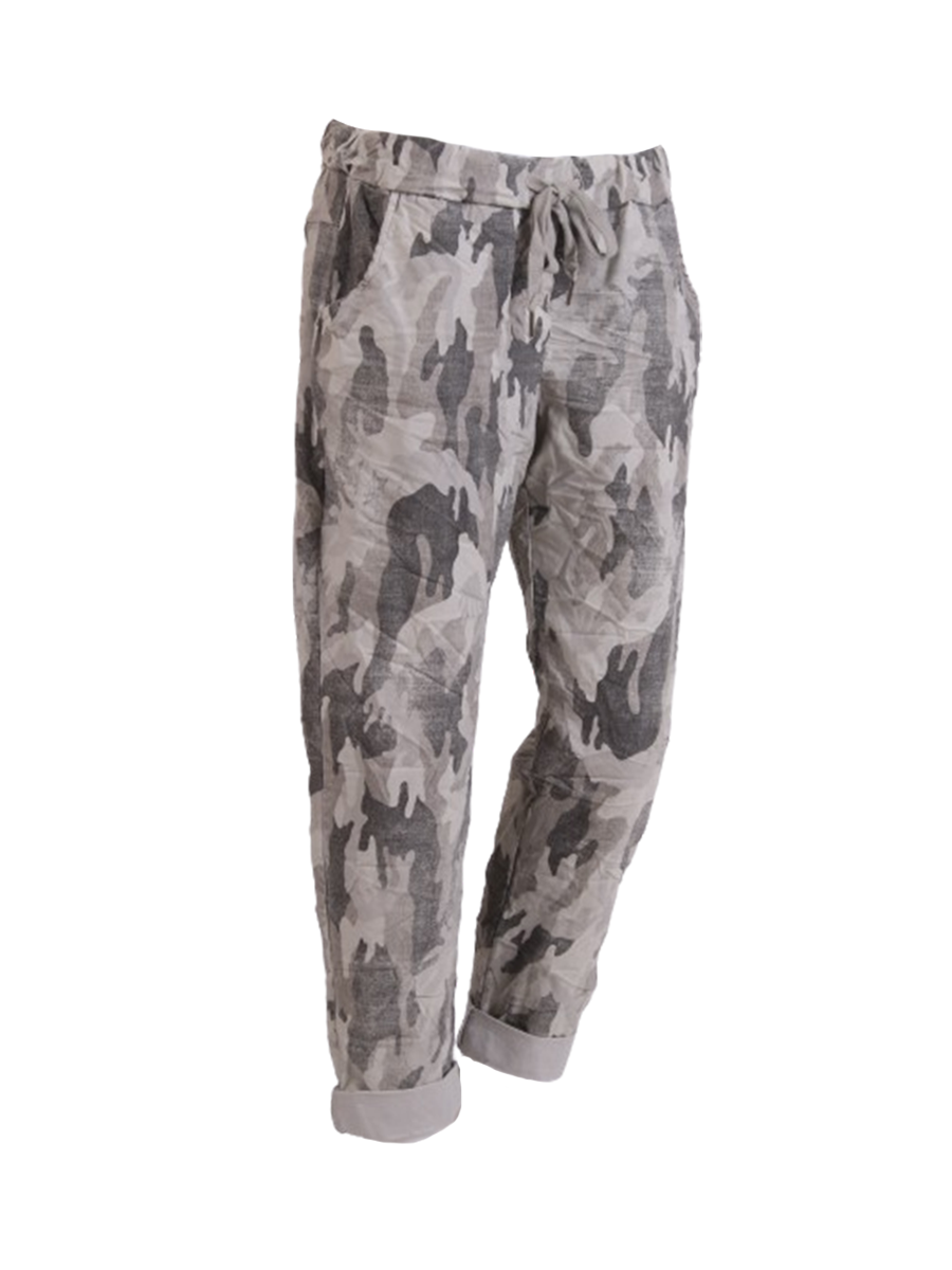 camouflage print trousers
