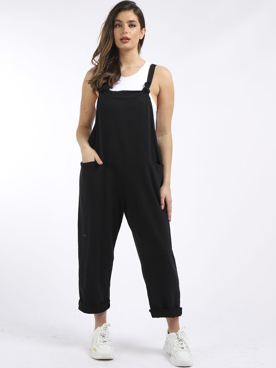 Black Plain Cotton Dungarees - Elsie's 