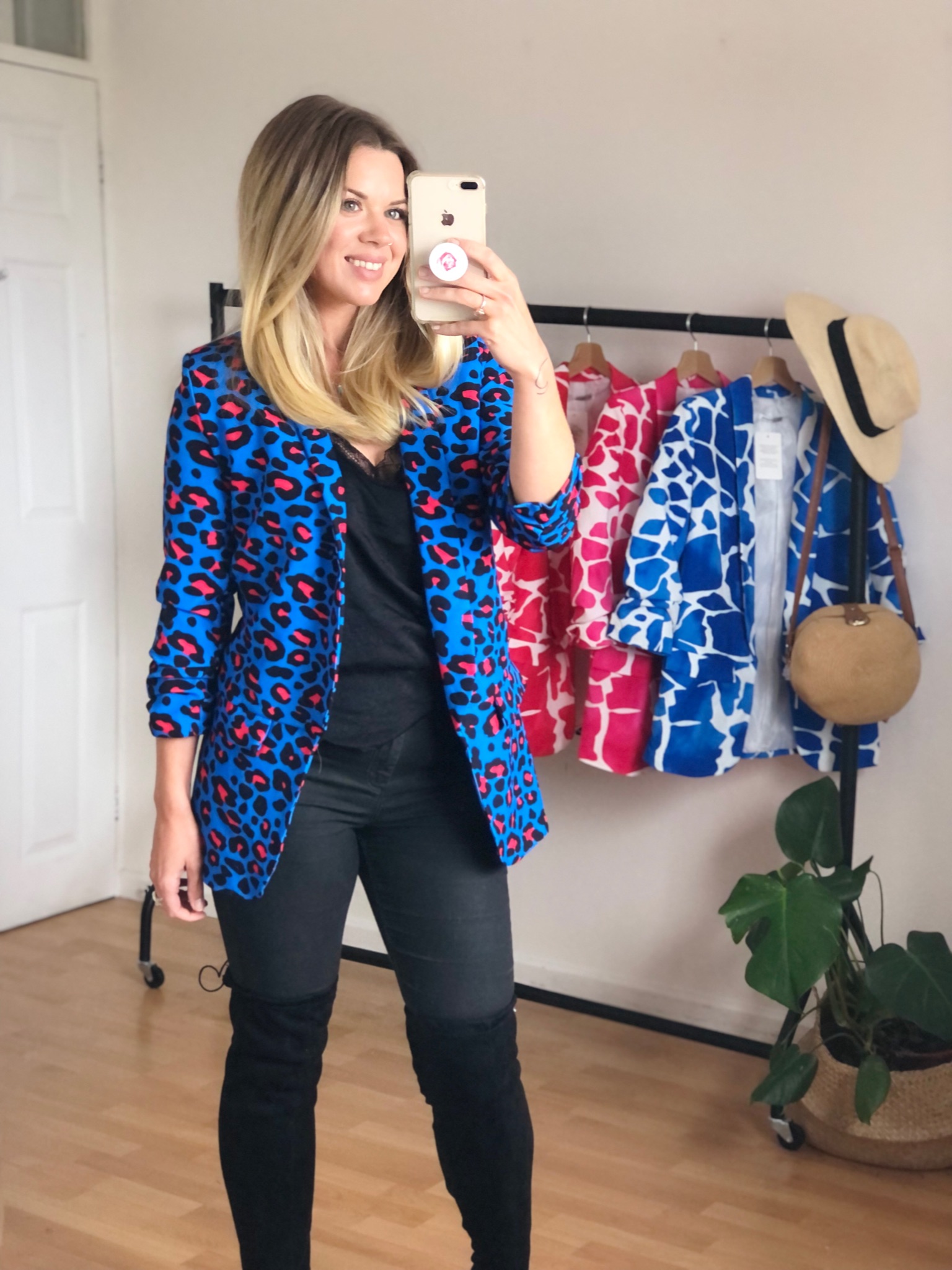 blue and pink blazer