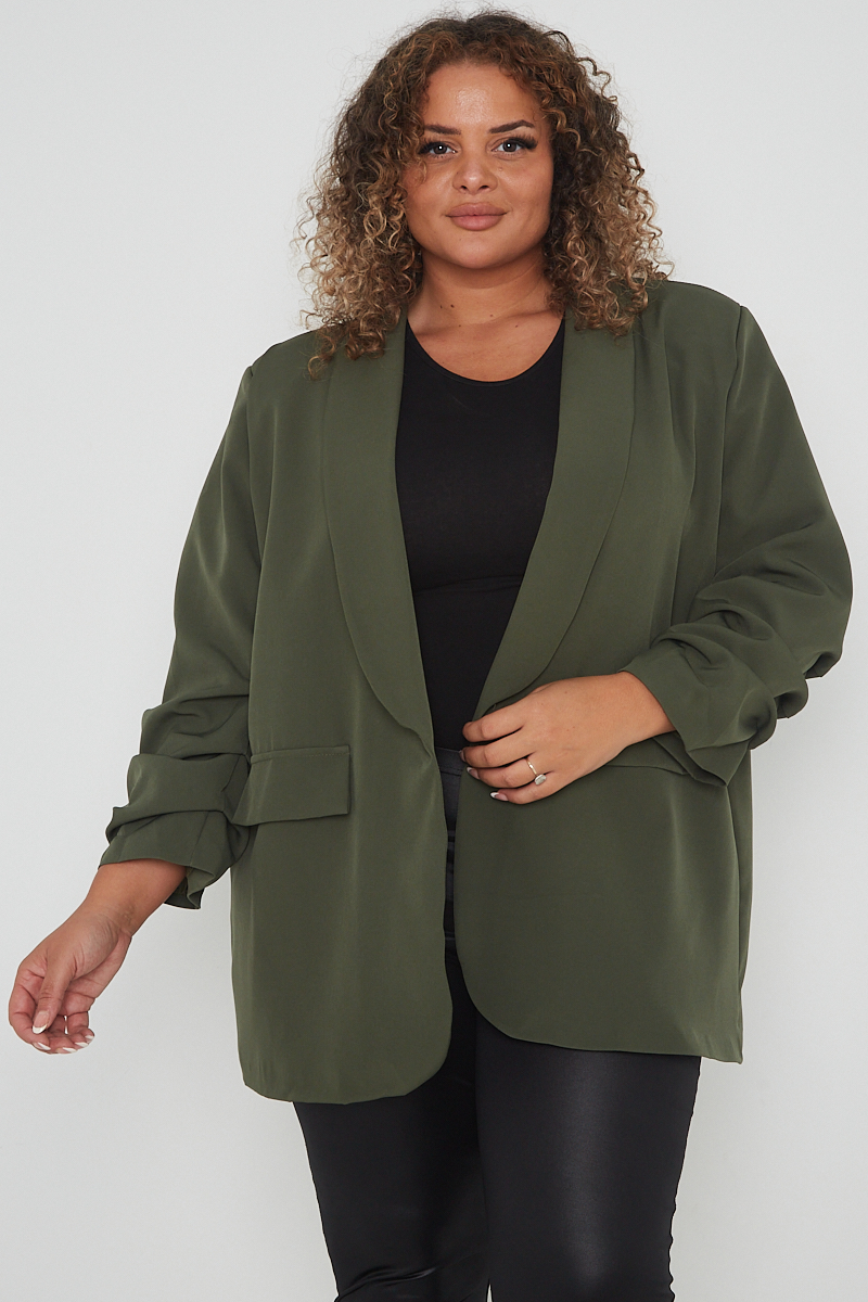 Khaki Ruched Sleeve Blazer - Elsie's Attic