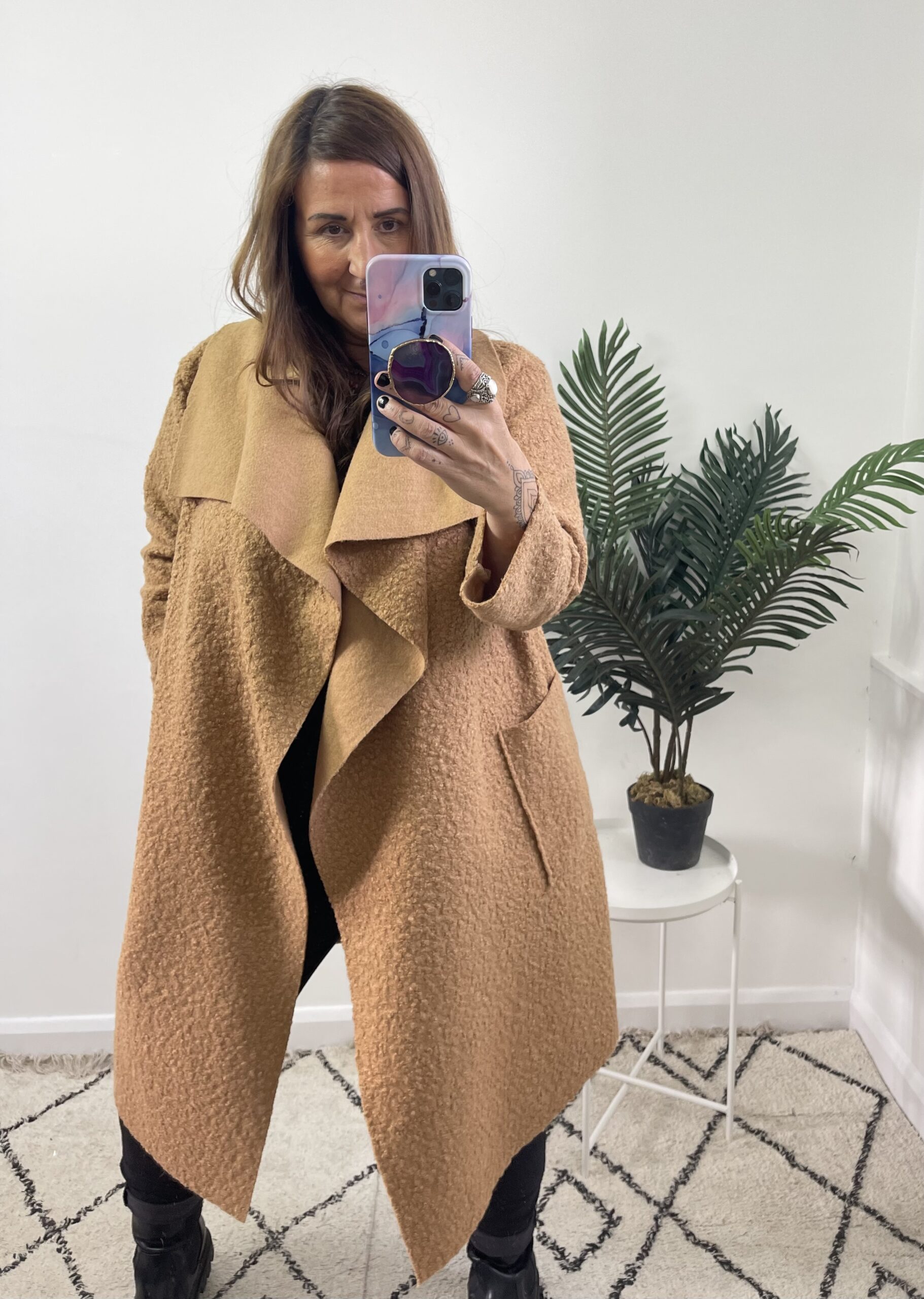 Camel Waterfall Front Teddy Style Coat 